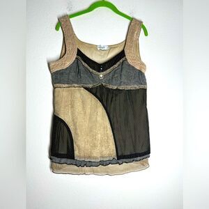 Elisa Cavaletti Bohemian Italian Patchwork Luxury Brown Cream Top Size L EU/M US